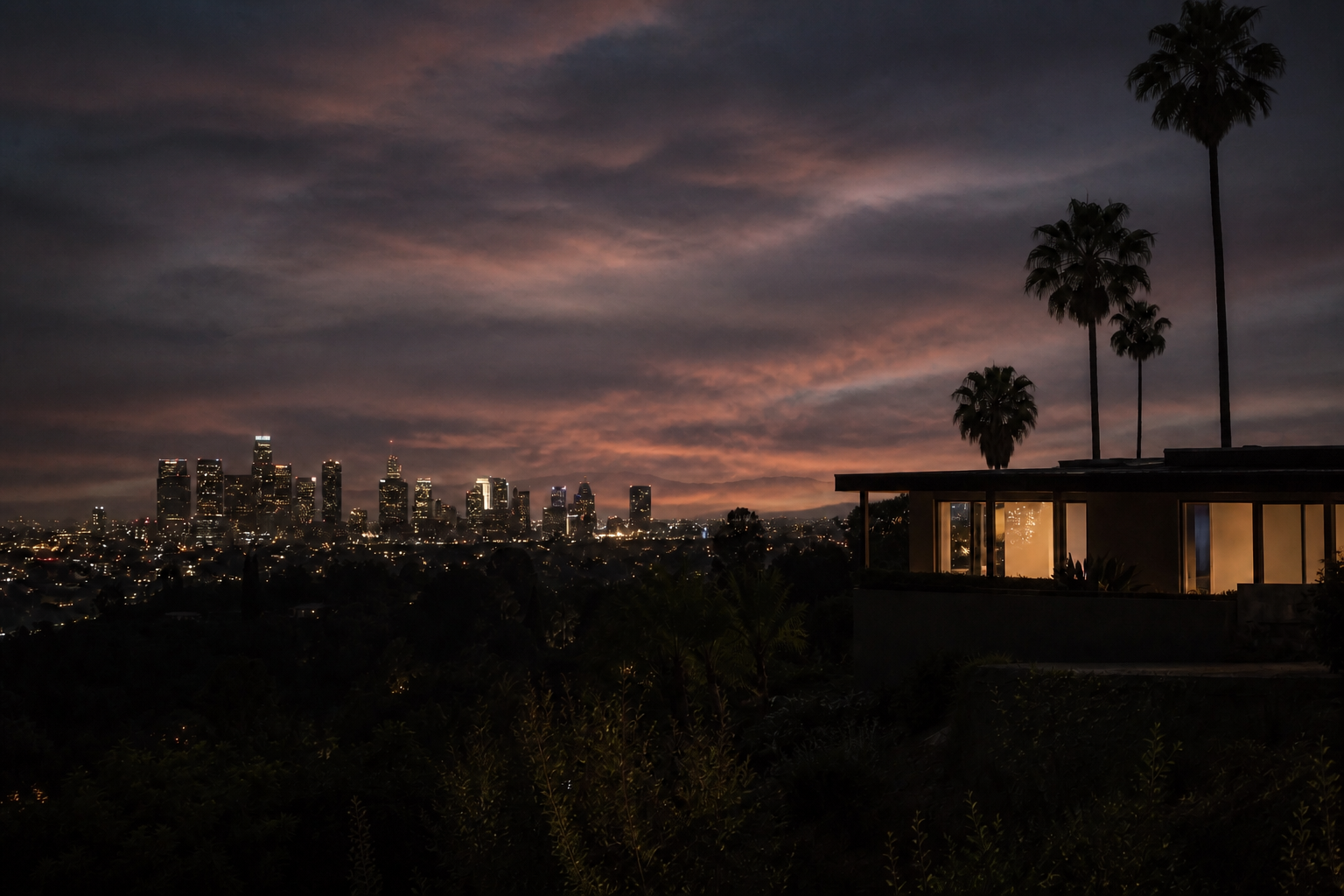Los Angeles night, house and skyline