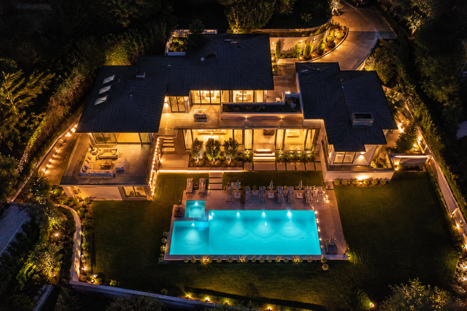 Night drone house and pool